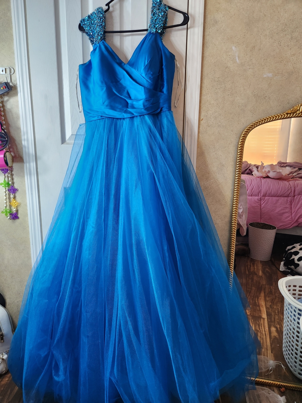Sherri Hill Bright Blue Tulle Sequin Strap Girls' Formal Dress